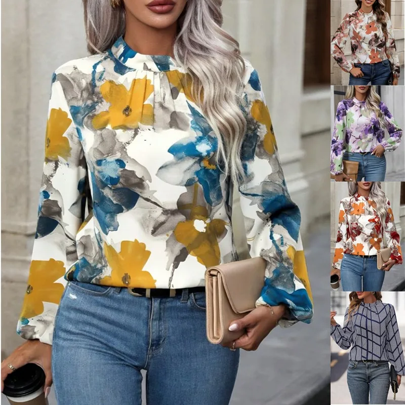 2024 Women\'s Spring and Autumn New Style Casual Commuting Elegant Colorful Flower Fashion Temperament Top Bottom Shirt