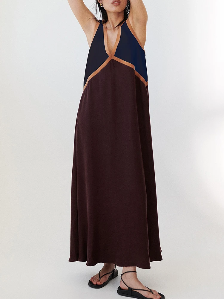 فستان أنيق للسيدات بخصر عالٍ على شكل حرف a موضة اللون منعت على شكل حرف v بدون ظهر فستان صيفي جديد جديد بدون أكمام فستان فضفاض