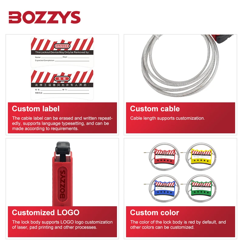 BOZZYS Grip-type Adjustable Cable Lockout Device with 4MM*1.8m Tension Cable for Industrial Equipment Lockout Tagout BD-L02