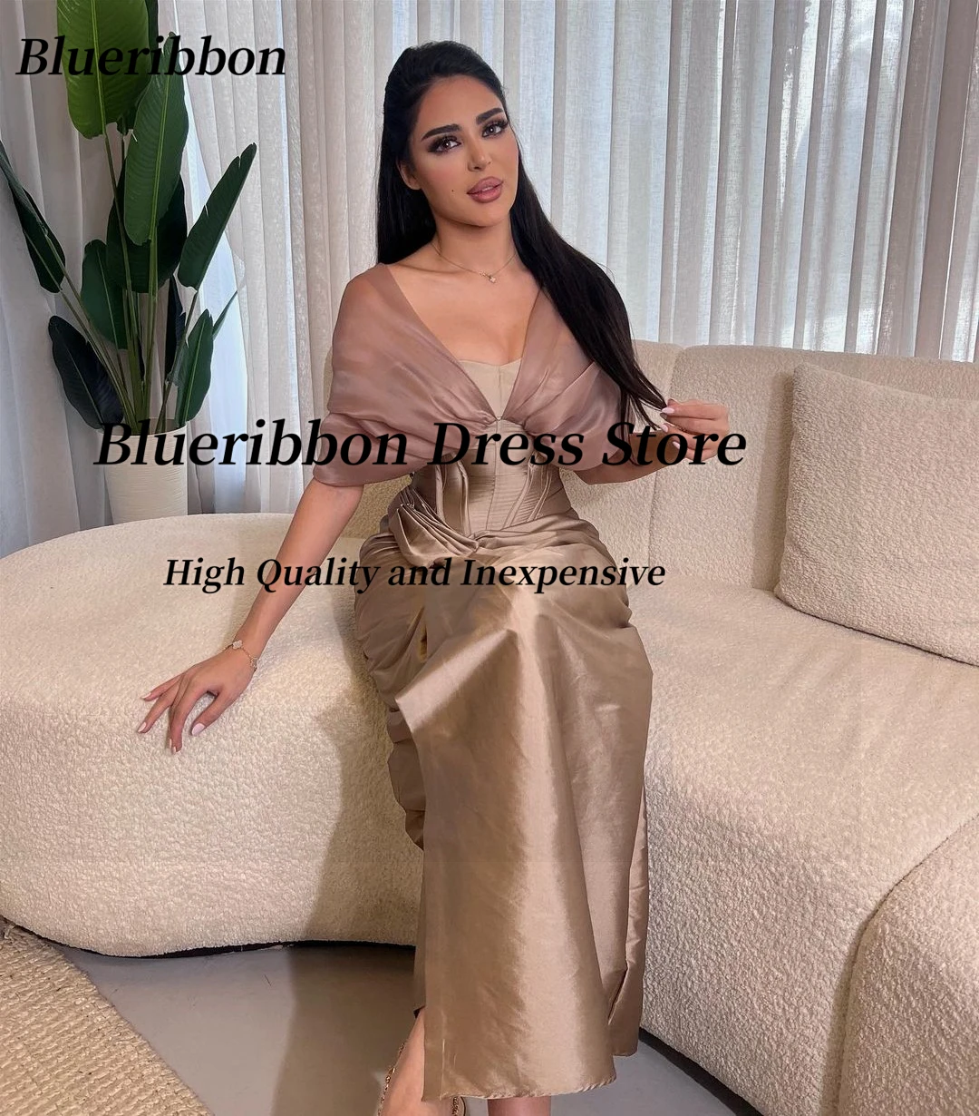 Blueribbon Holiday Party Ankle Length Prom Dresses Off Shoulder Zipper Back Evening Gowns Ruched Vestidos De Noche Saudi Women