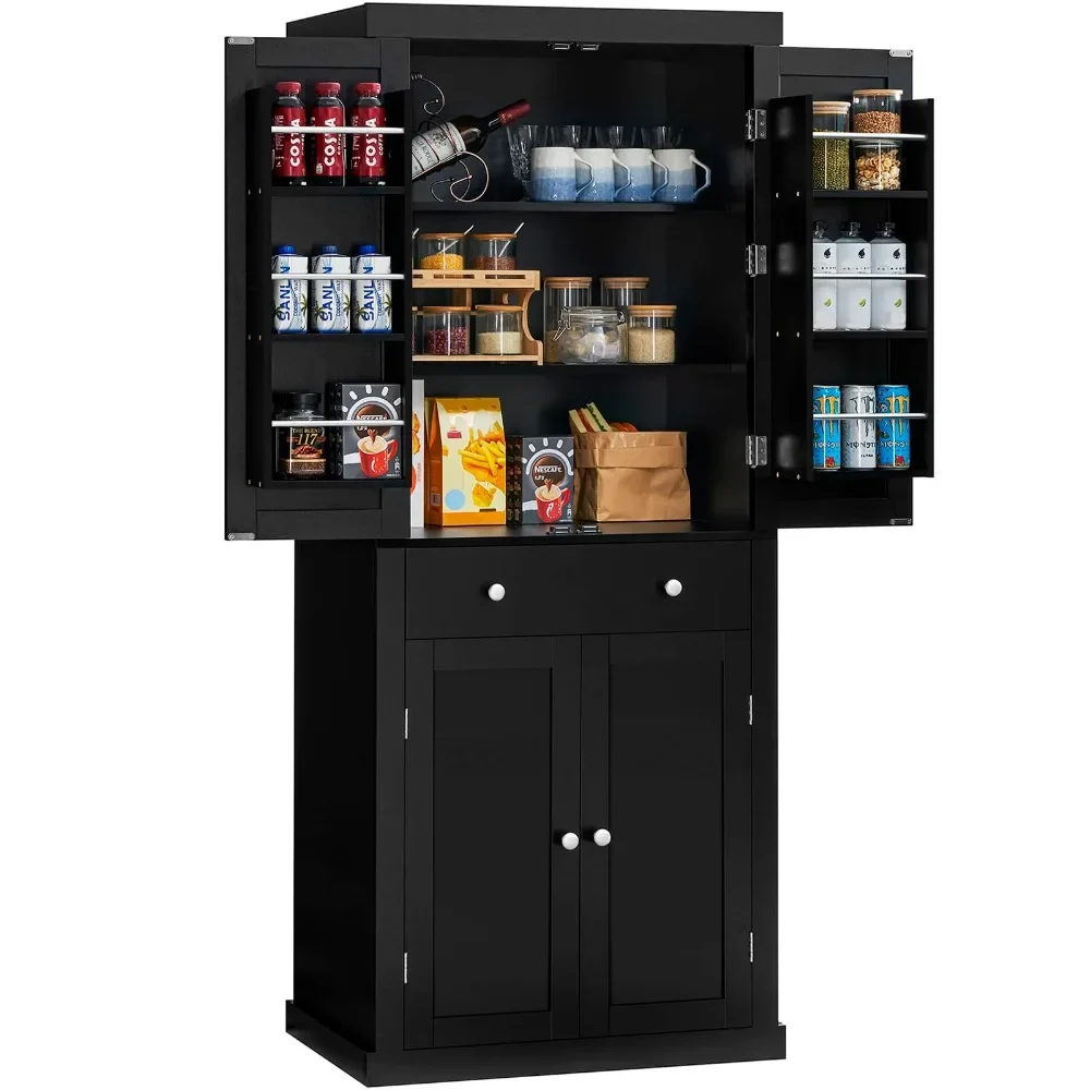 72” Kitchen Pantry Cabinet, Tall Storage Cabinet with 4 Doors and 1 Drawer, Freestanding Cupboard with 6 Hanging Shelves