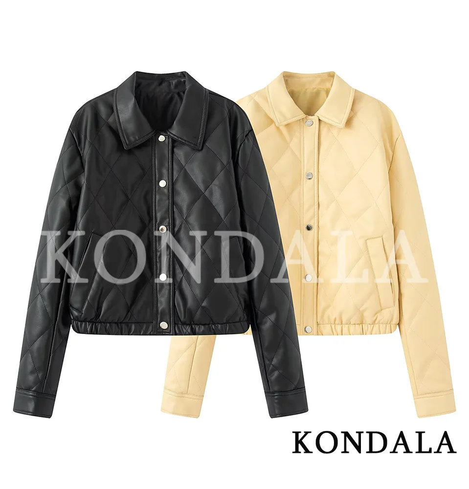Women Fall Winter Padding Jacket Coat Casual Chic PU Leather Rhombus Buttons Jacket KONDALA 2026 Trendy Street Elegant Jackets