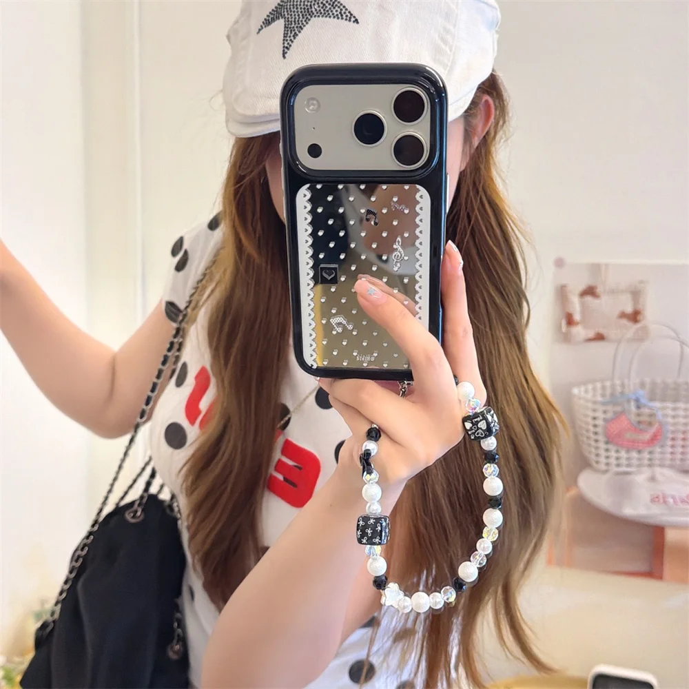 

INS Small Love Mirror Phone case for iPhone 16 15 14 13 15 Pro 17 Pro Max 16 Pro Funda With Chain Korean Lovely Shockproof Cover