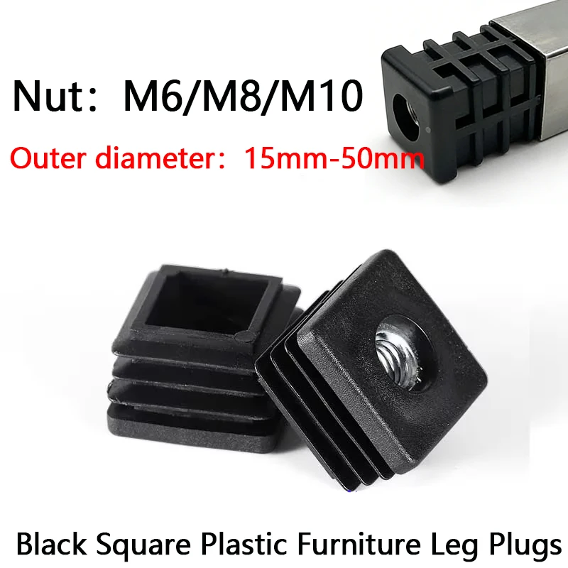 Black Square Plastic Furniture Leg Plugs (15mm-50mm) - with Nut, End Caps & Leveling Feet