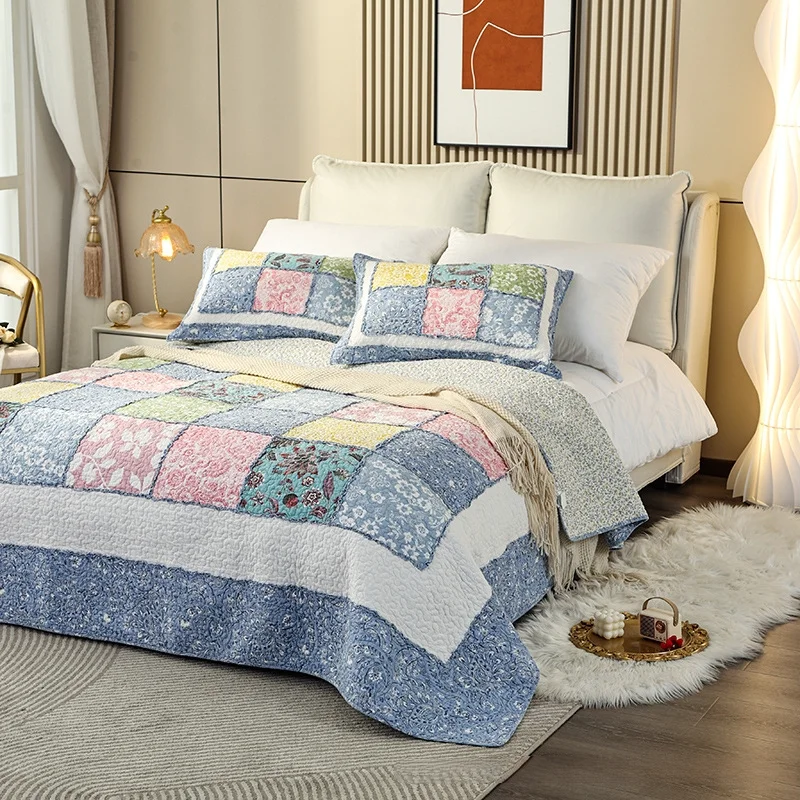 Handmade 100% Cotton Patchwork Quilt Set 3-Piece, Queen Size Quilted Bedspread,American Style Comforter & Blanket for Home Decor