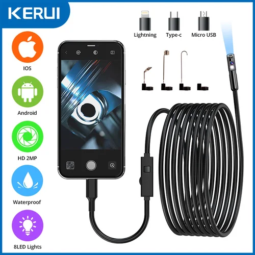 KERUI-endoscopio automotriz de 8mm y 2MP, cámara de inspección por boroscopio, lente Dual/única para Iphone, IOS, teléfono inteligente, coches tipo Android