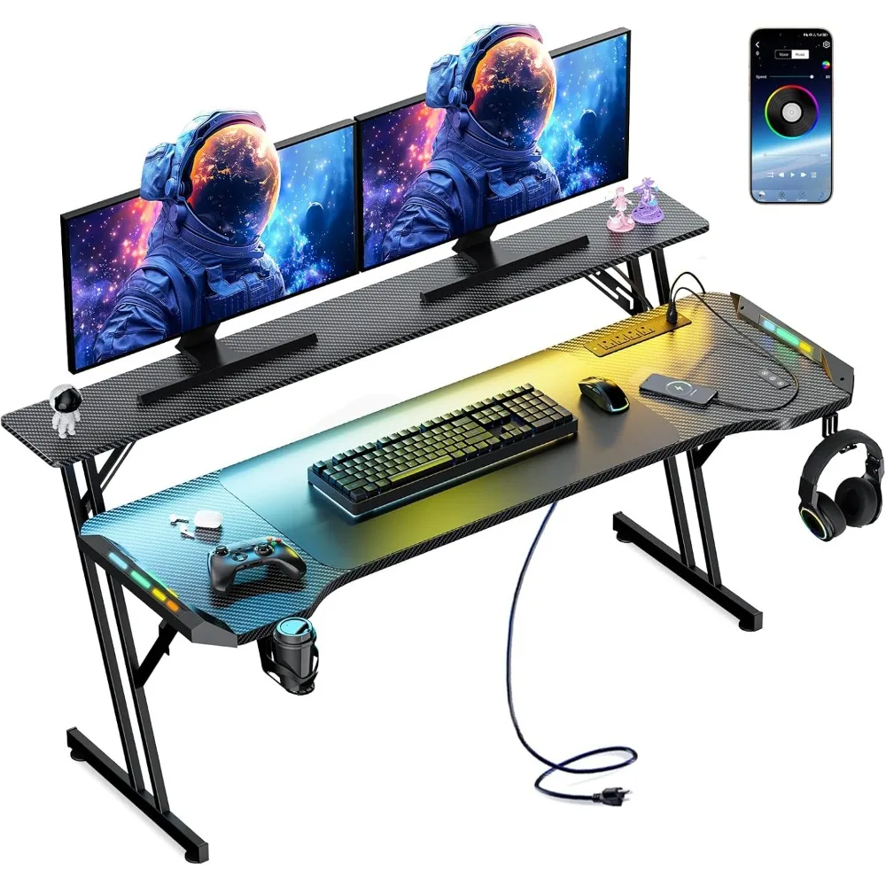 

55 Inch Gaming Desk, Smart Computer Gamer Desk with LED Lights & Mouse Pad, Gaming Table with Power Outlet, Monitor Stand, Side
