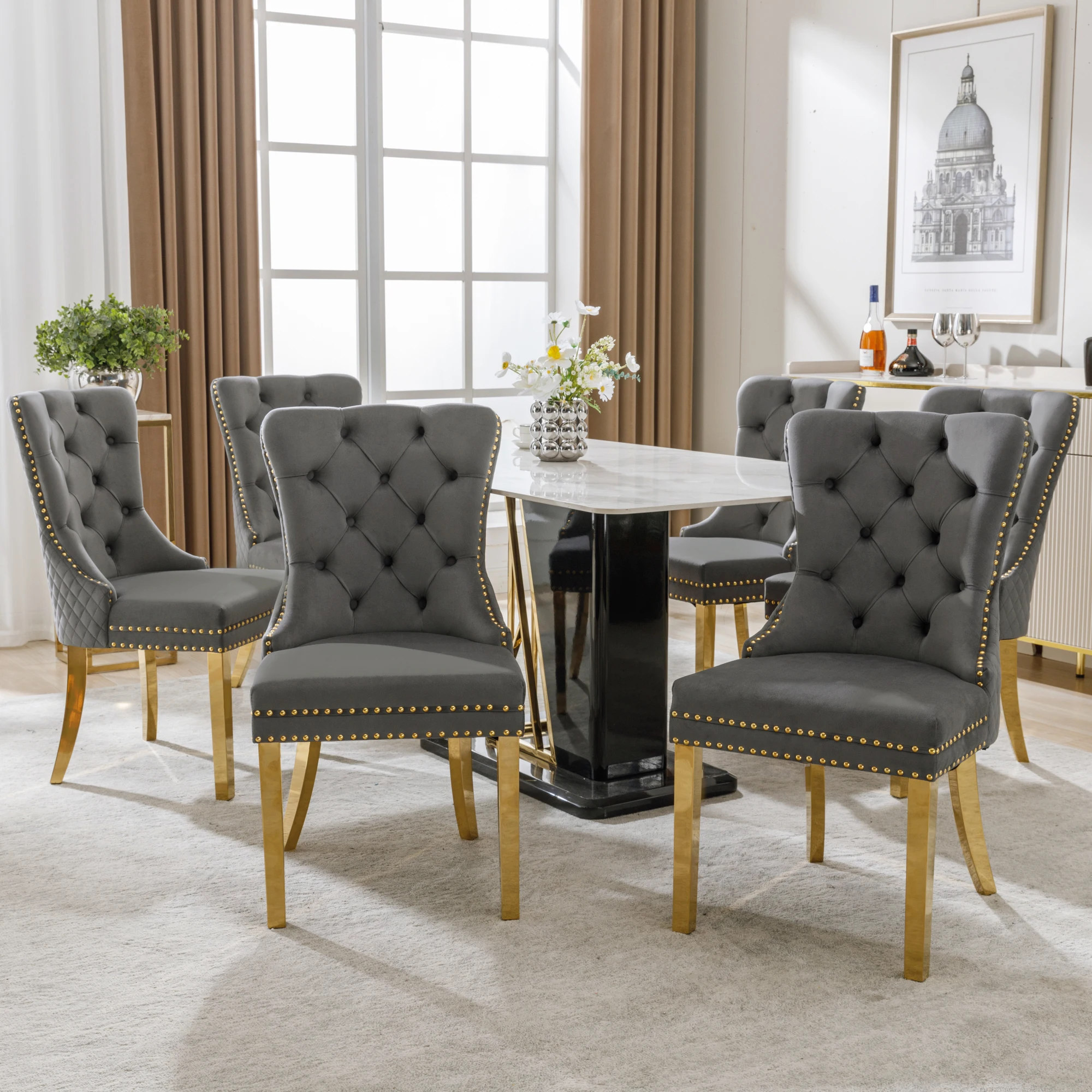 VSOGA Dining Chair (Set of 6) Upholstered Chair with Nail Head Trim, Round pull rings on Back, Gold Plated stainless steel Legs Velvet Cover Grey/Gold