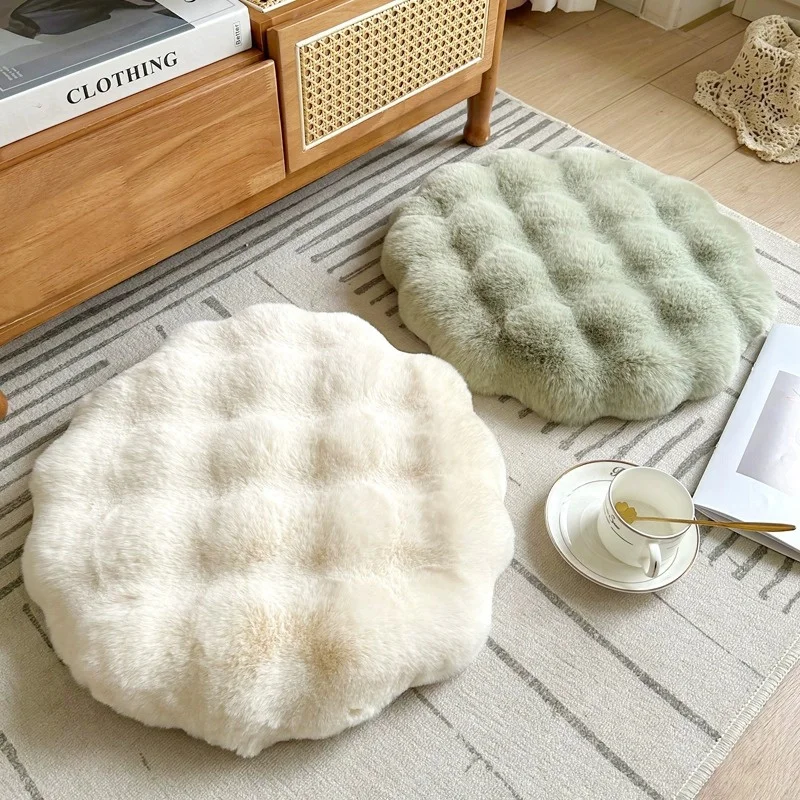 Faux Rabbit Fur Futon Cushion, Round Plush Chair Cover Cushion, Soft Japanese-style Tatami Mat, Memory Foam Meditation Seat Pad