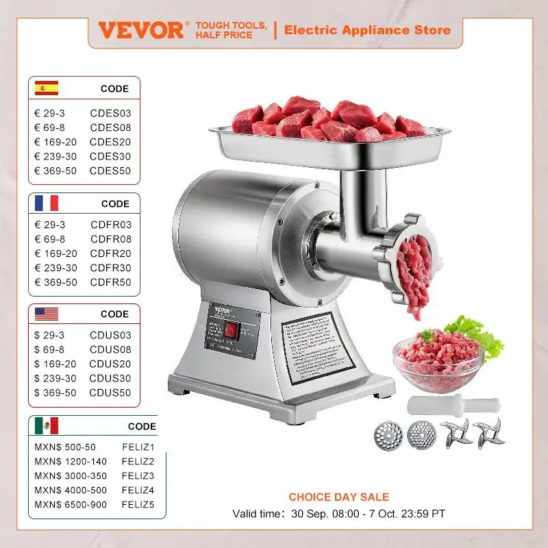 VEVOR 1100W Electric Meat Mincer Mini Portable Chopper Blender Food Processors Grinder Tools Crusher for Kitchen Home Commercial