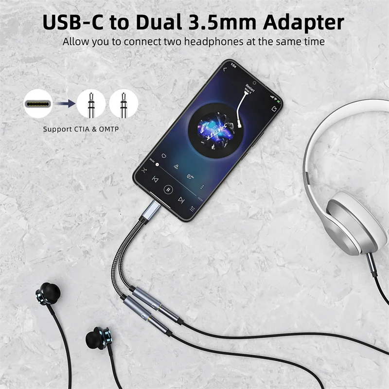 USB C to Dual 3.5mm Jack Cable Type C 3.5 Earphone AUX Audio Adapter DAC Chip Hi-Fi Sound for USB-C Phone Tablet Speaker Louder