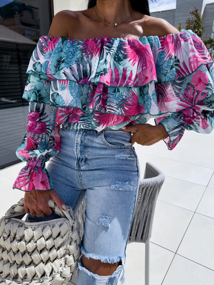 Sommer mode schulter frei bedruckte Chiffon bluse Frauen sexy Strand Stil Slash Neck Rüschen Chiffon Shirt Frauen Pullover Tops