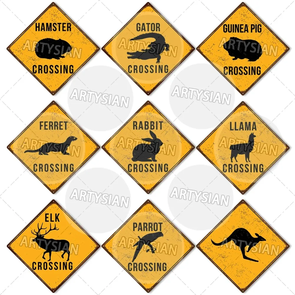 Letrero de metal Animal Crossing: alce, canguro, conejillo de indias, pavo real, zona de ciclo motriz y vida silvestre, placa decorativa de seguridad para granja