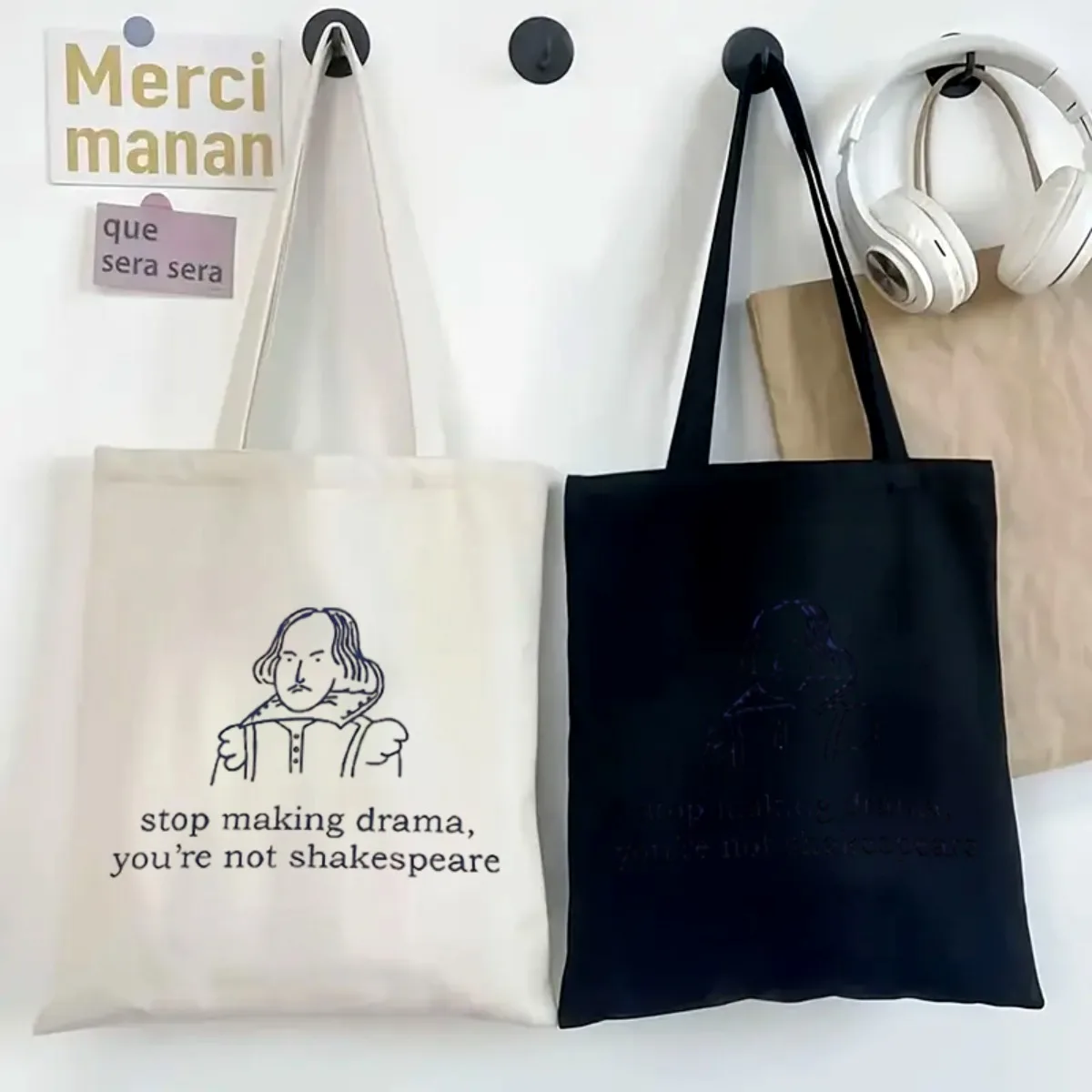 Literary Humor Canvas Tote Bag Funny Shakespeare Quote Print Reusable Shopping Bag Book Lover Gift