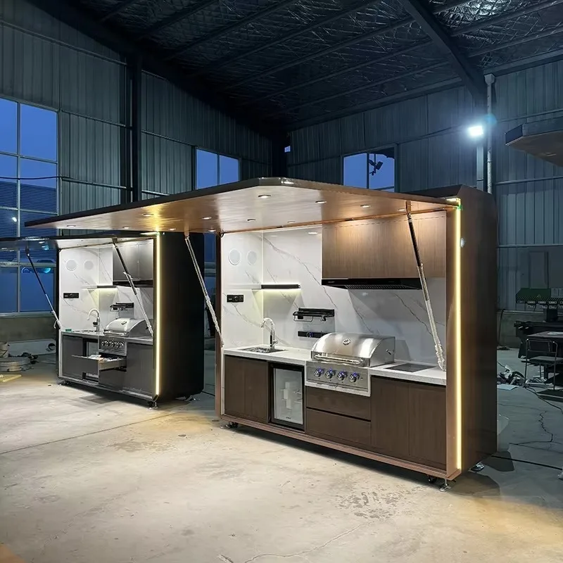 Portable Outdoor Mobile Kitchen Station BBQ Grill Combo Gas Range Hand-Wash Sink Storage Shelf Garden Villa Parties Custom