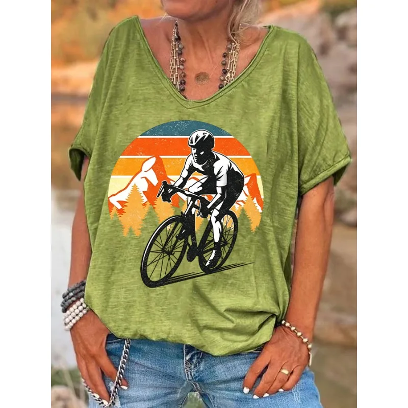ilstile Women's Cycling Print T-Shirts Summer Holiday Short Sleeve T Shirt Casual Loose V Neck Tops Tees Green New Arrival