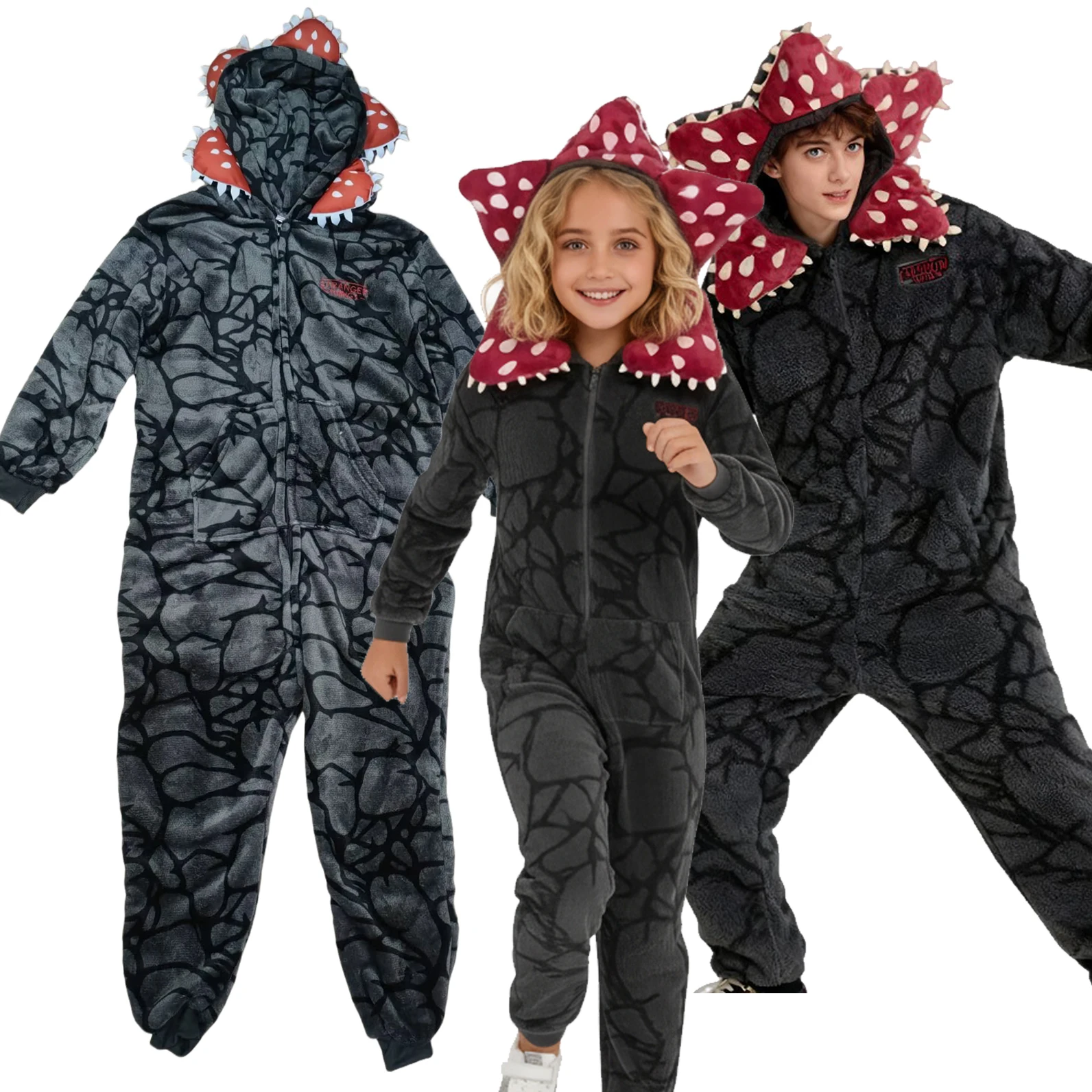 Erwachsenen- und Kinder-Kostüm: Stranger Things Demogorgon-Pflanzenkostüm mit Blumenkopfschmuck, Familien-Flanell-Onesie für Karneval und Themenpartys