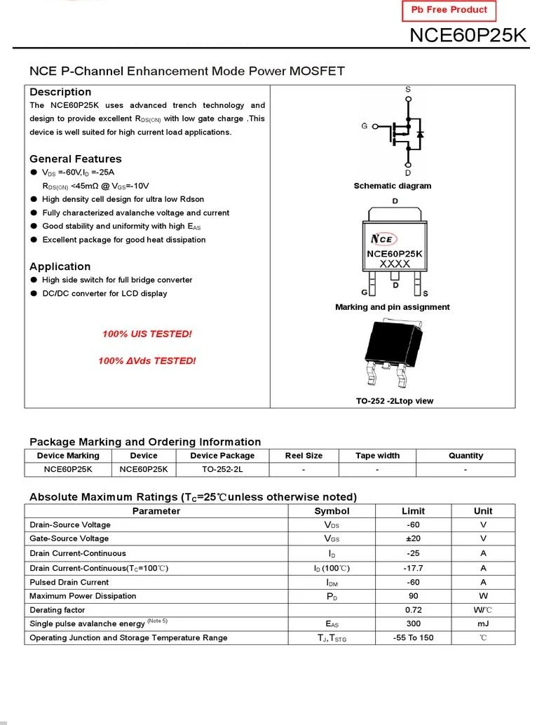 Free Shipping 10PCS  NCE60P25K TO-252-2 DPAK MOS NCE P-Channel Enhancement Mode Power MOSFET 60V 25A