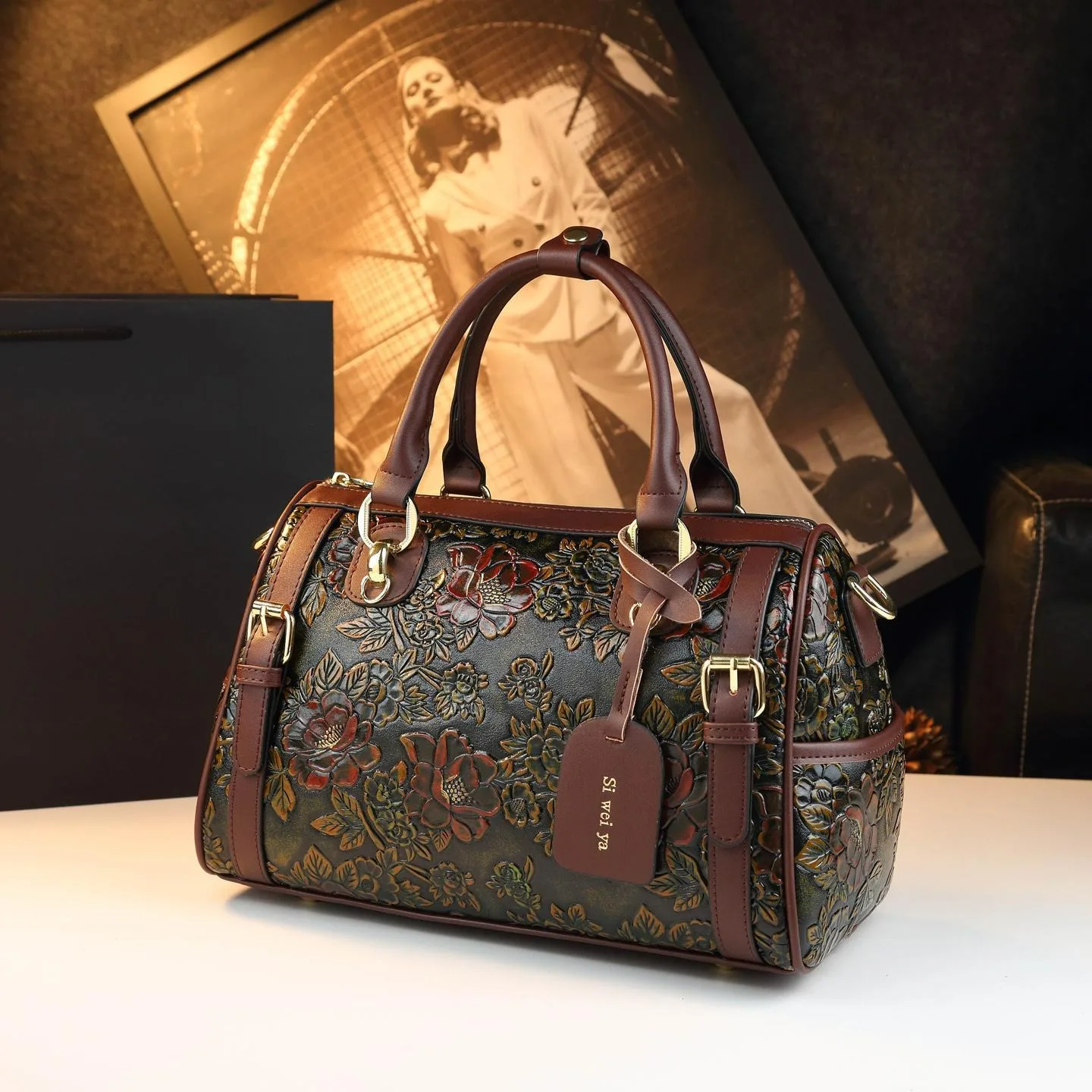 2026 New Luxury Designer Floral Embossed Handbags for Women Vintage Carved Flower Boston Bag Retro Leather Shoulder Tote Purse