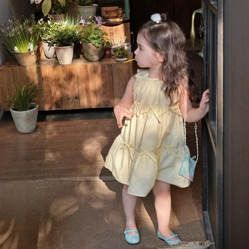 

Girls' Summer Dress, Tender Yellow Sleeveless Dress, 2025 Children's Bow Vest Skirt, Baby Girl Balloon Skirt