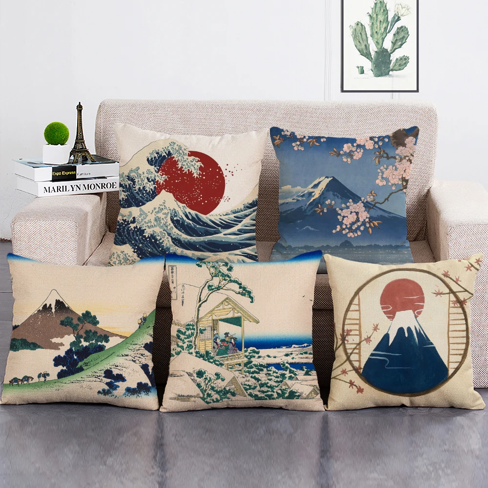 

Village Style Ukiyo Series Pillow Case 45x45CM Square Cushion Cover with Vintage Home Sofa Decorative Accessory