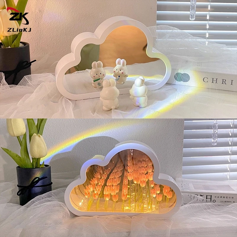 Lampe Tulipe Miroir Nuage, Simulation de Fleur, Veilleuse Chambre, Table de Couchage, Artisanat Fait Main, Cadeau d'Anniversaire, DIY