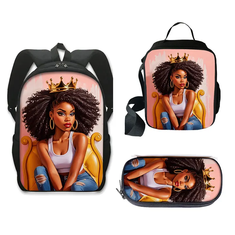 American Africa Girl Print Backpack Cartoon Afro Black Women Pattern Bookbags Children Schoolbag Lunch Bags Penicl Case