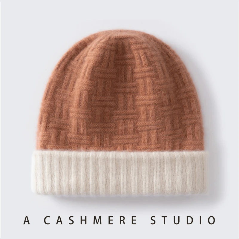Grade A 100% Cashmere Knitted Double Padded Outdoor Warm Fashion Joker Cashmere Flanging Pullover Hat is unisex.