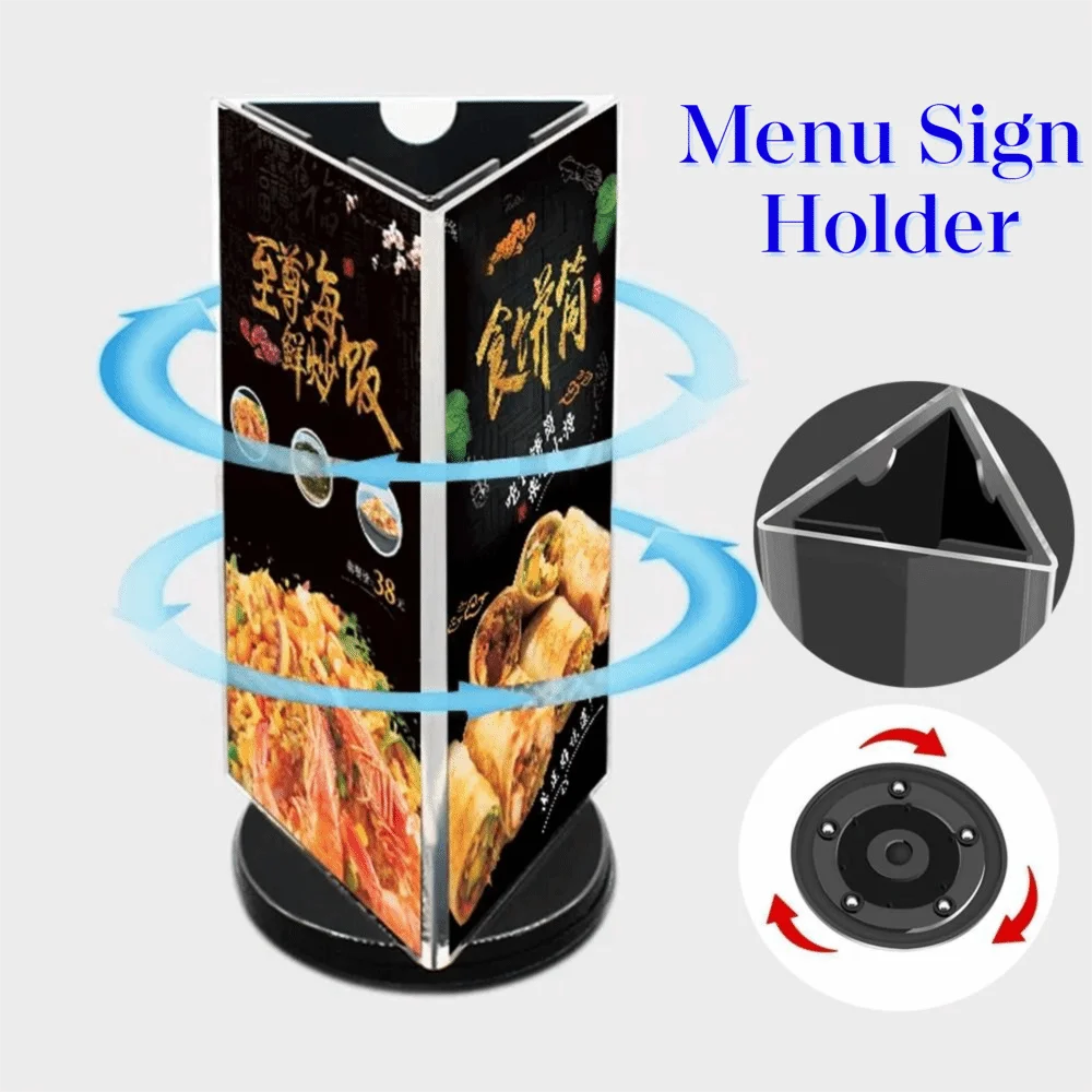 

360 Degree Rotating Menu Sign Holder Three Side Reusable Acrylic Table Number Holder Smooth swivel Waterproof