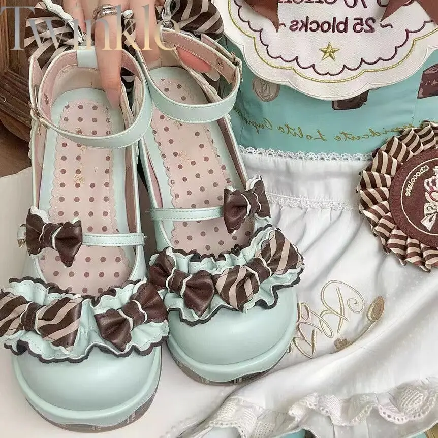 Sweet Lolita Mary Jane Shoes Kawaii Bowknot Chocolate Platform Women Girl Cosplay Party Chunky Heels