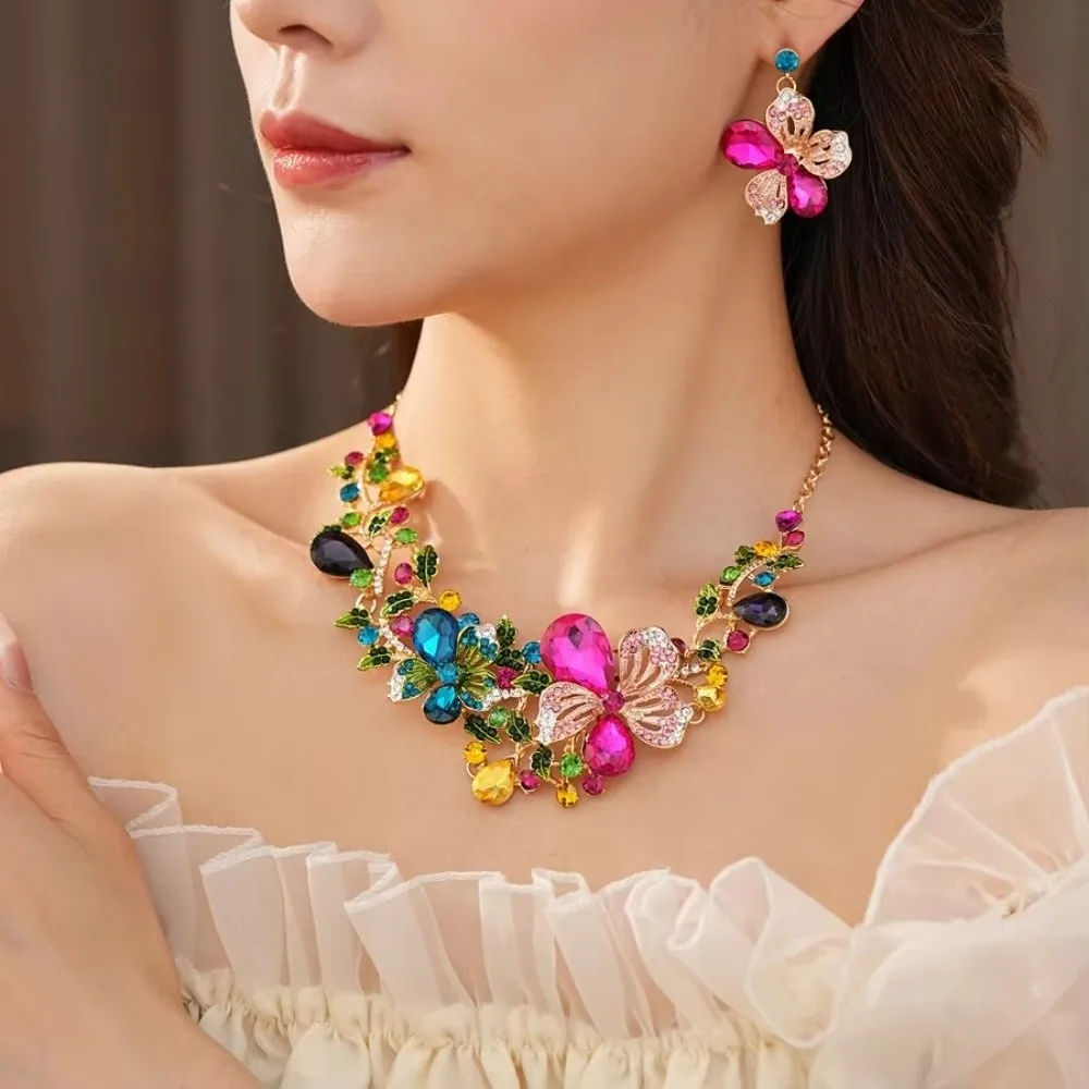 

3PCS Sparkle Colorful Flower Jewelry Sets Retro Bride Accessories Set Women Earrings Diamond-encrusted Flower Necklace