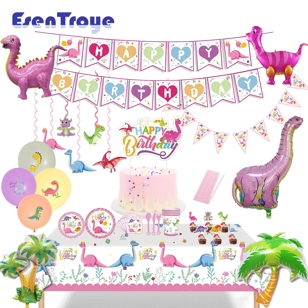 Pink Dinosaur Themed Disposable Tableware Cake Toppers 4D Assembly Dinosaur Balloons Girls Birthday Party Decorations Kids Toys