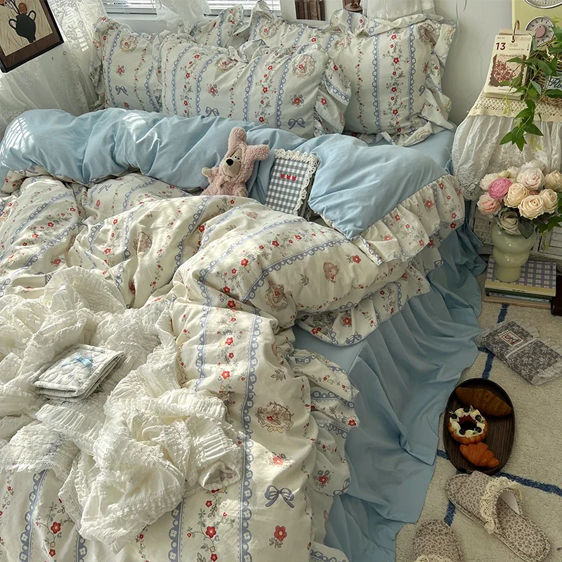 3/4Pcs Korean Princess Style Floral Ruffles Bedding Set Skin-friendly Soft Duvet Cover Set Bed Sheet Or Bed Skirt Pillowcases