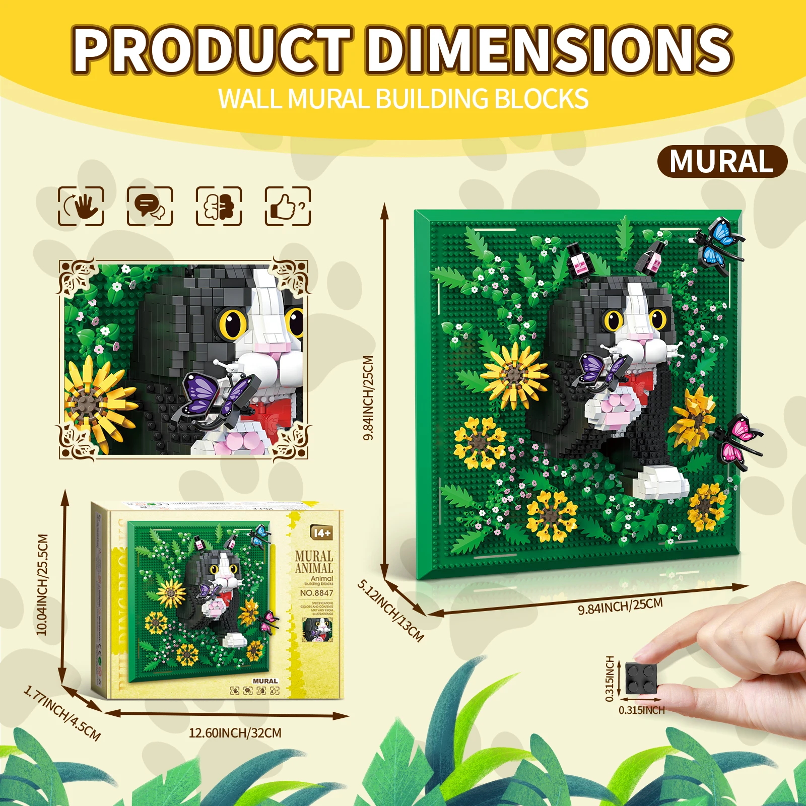 Ensemble de blocs de construction en micro-particules 3D, motif chat en smoking fleuri, décoration murale unique pour la maison ou présentoir de bureau, cadeau idéal pour adultes, garçons et filles,