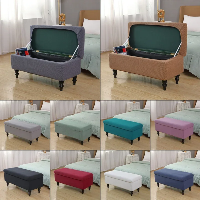 Plain Color Stretch Foot Stool Cover Rectangle Storage Ottoman Covers Anti-Dust Polar Fleece Footrest Seat Slipcovers Protector