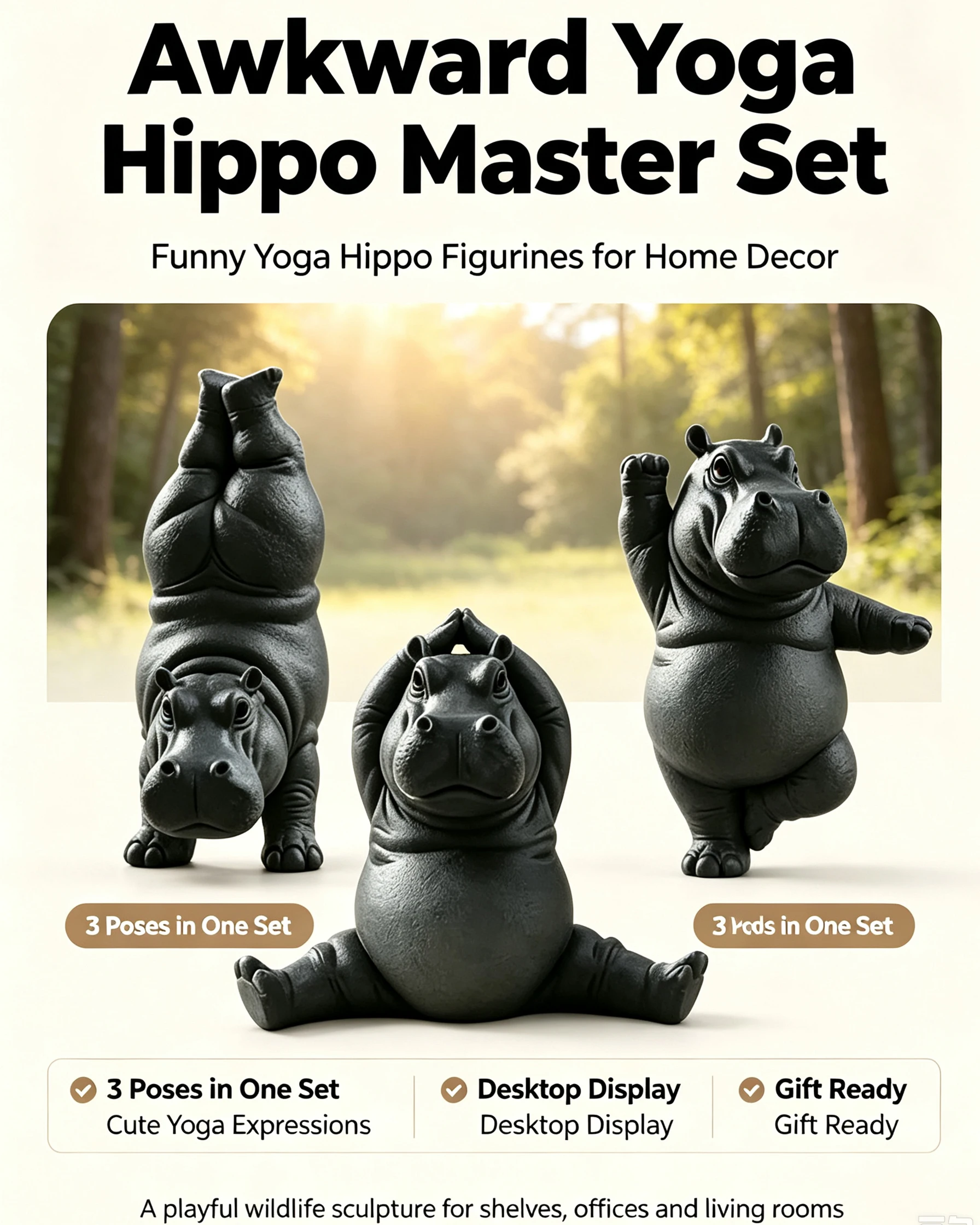 3個セットのカバのヨガ彫刻セット、かわいい漫画風の丈夫な動物 - Resin Art Studio のレビューと価格