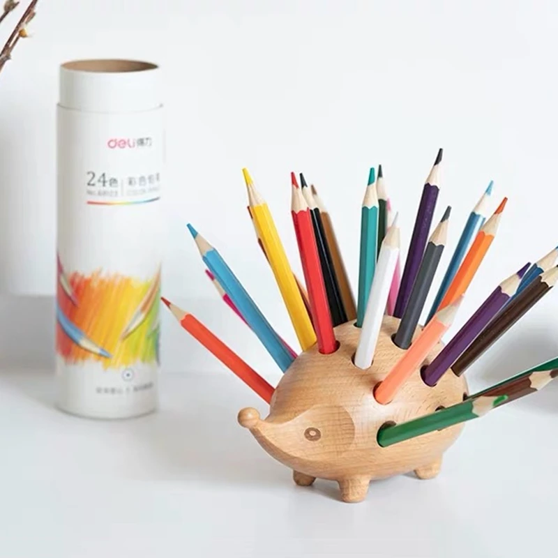 خشبي القنفذ 24 حفرة القلم إدراج حامل متعدد الوظائف مكتب حامل الأطفال جميل قلم رصاص حامل الموضة مع 24 ألوان القلم