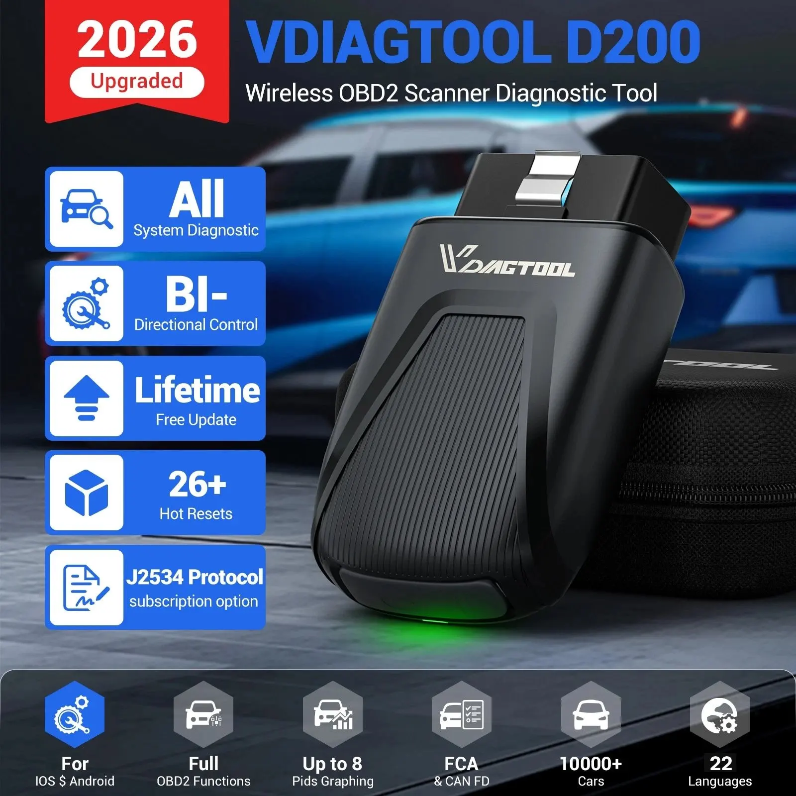 2026 New Car Diagnostic Tools VDIAGTOOL D200 Wireless BT Full System Scan OBD2 Bidirectional Scanner Free Update PK XTOOL A30M