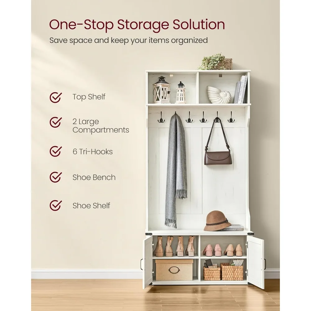 Hanger shoe cabinet with shoe stool, 2 open compartments, 6 triple hooks, entryway, space saving, white