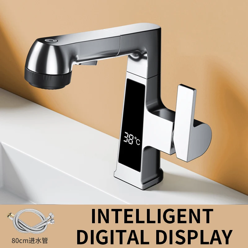 

Wash basin hot and cold water faucet Single hole liftable pull-out intelligent digital display faucet