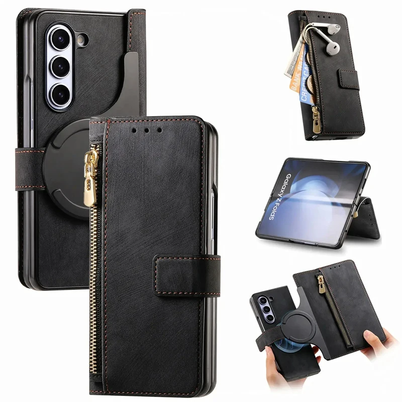 

For Samsung Galaxy Z Fold 6 5 4 Case 2 in1 Retro Magnetic PU Leather Detachable Zipper Wallet Stand Cover With Keys Card Storage