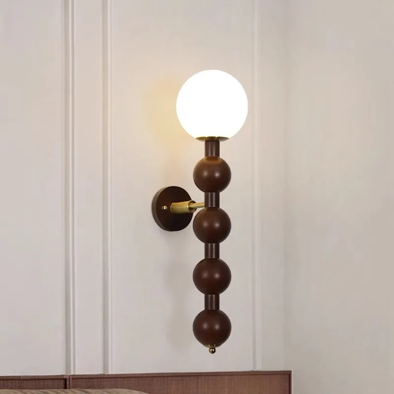 

French medieval wall American retro walnut living room bedroom room wall lamp solid wood bedside lamp led