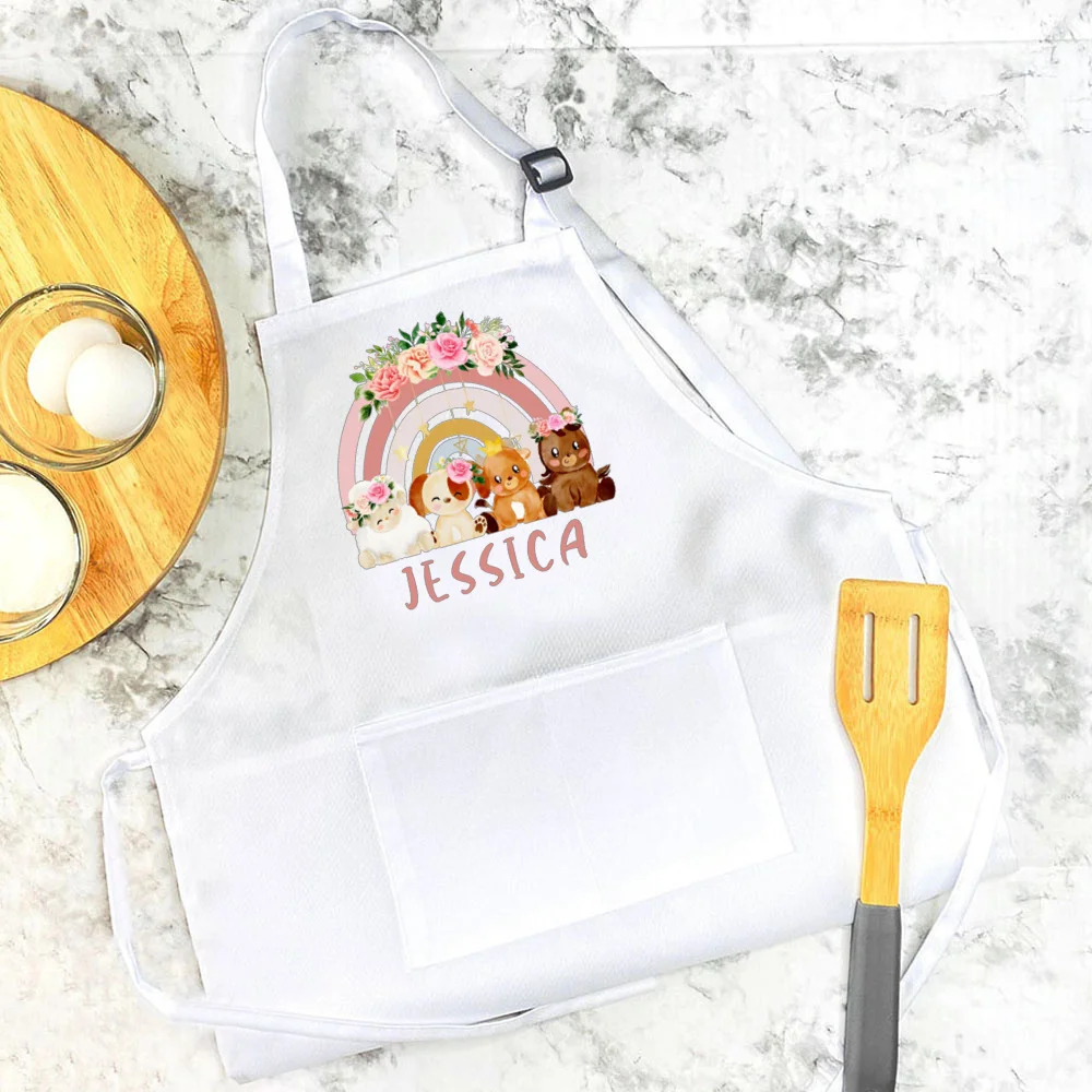 Personalised Child Apron Rainbow  Safari Animals with Name Apron Boys Girls Cooking Baking Apron Custom Birthday Gift for Kids