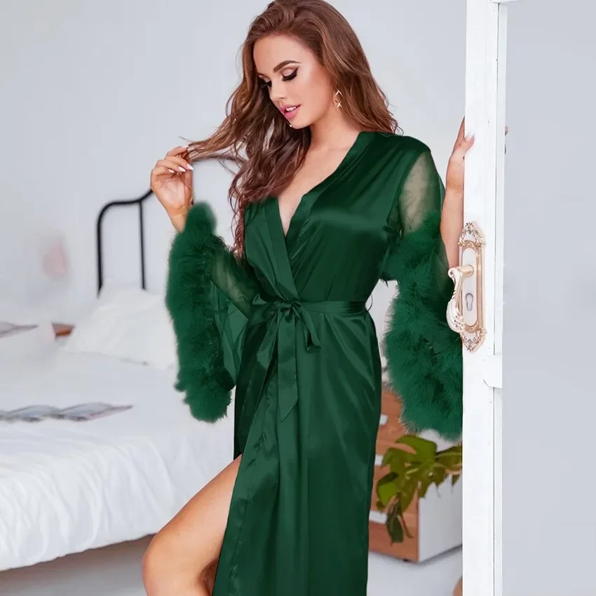 

Long Bride Robe Wedding Pijama Bathrobe Female Sexy Sleepwear Casual Women Mesh And Feather Cuffs Homewear Feather Christmas