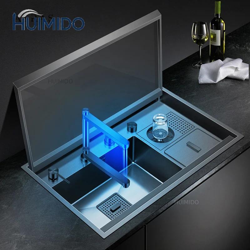 ASRAS Nanometer Hidden kitchen Sink Single Flip Cover Hidden Large Size 304 Stainless Steel 4mm Thickness Handmade kitchen Sink