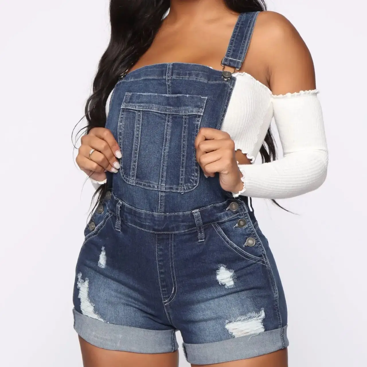 GC 2026 Vintage Y2K Stretch Ripped Denim Bib Shorts, Retro Distressed Women Denim Romper Jumpsuit view 5