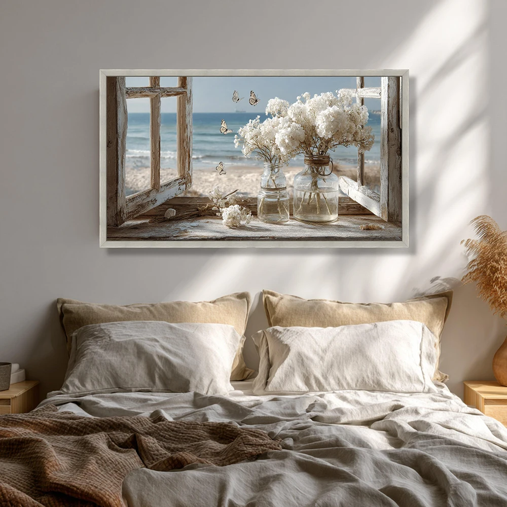 View of coastal window Posters, white hydrangea flowers in pots, beach butterfly art on the wall, canvas print, home decor, no f