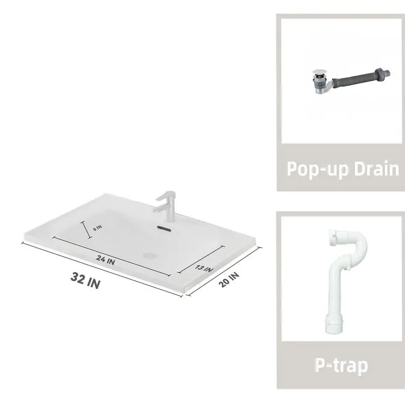 حوض حمام مثبت على الحائط مقاس 32 بوصة مع مجموعة حوض سيراميك، باب خزانة مغلق ناعم، يتضمن استنزاف منبثق وصندوق على شكل حرف P، رمادي