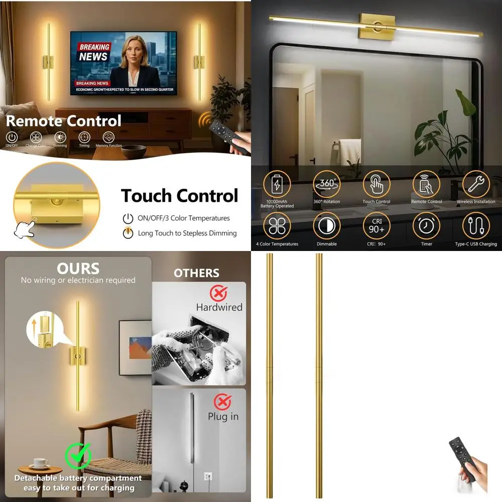 

Eneru 10000mAh Rechargeable LED Wall Sconces, Touch & Remote Control, 360° Rotation, 4 Color Options, Set of 2 for Home Decor (G
