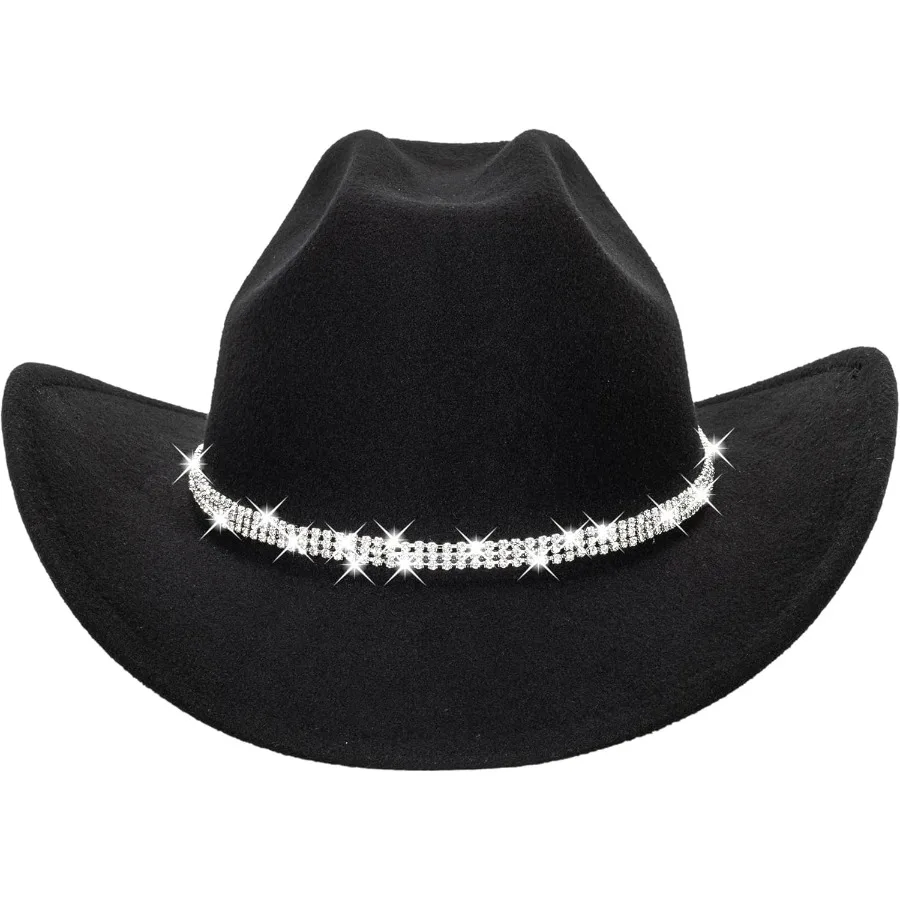 キラキラ輝くシルバーブラックのカウボーイハット 女性用 エレガントなウエスタンラインストーンカウガールハット レディース用 MLサイズ ロッドに最適
